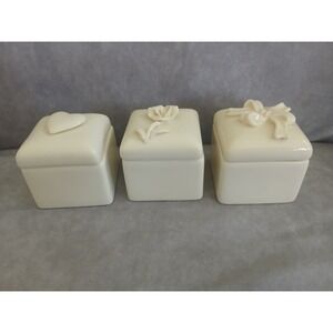 Vintage Ivory Porcelain Trinket Boxes Heart Rose Bow Set of 3 Wedding Favors
